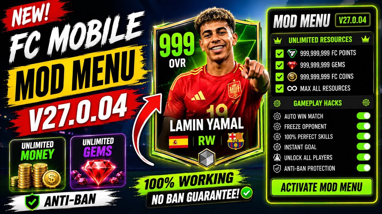 FC MOBILE MOD MENU V27.0.04 🔥 Unlimited Money, Fc Points & Gems | FC Mobile Mod APK 2026