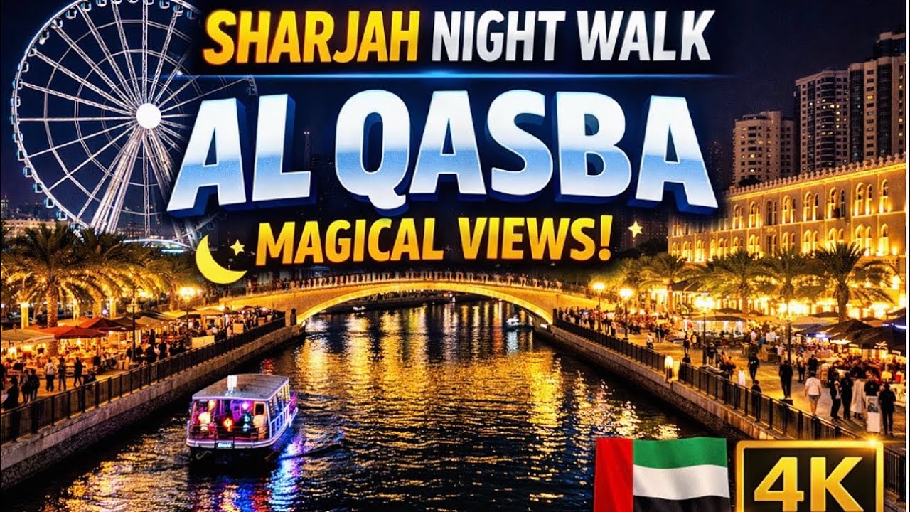 4K Sharjah Night Walk 🇦🇪| Al Qasba Canal Lights Walking Tour | ASMR