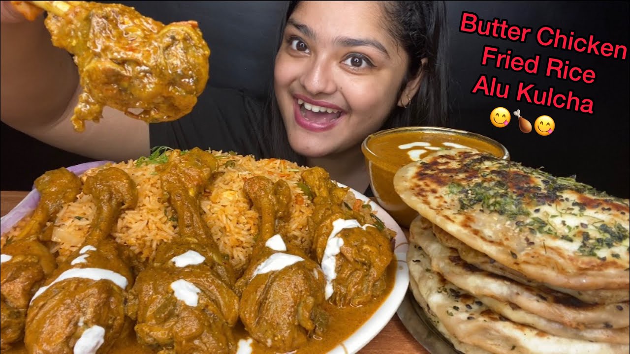 BUTTER CHICKEN 🍗 WITH SCHEZWAN FRIED RICE AND BUTTER ALOO KULCHA | BIG BITES | FOOD EATING VIDEOS