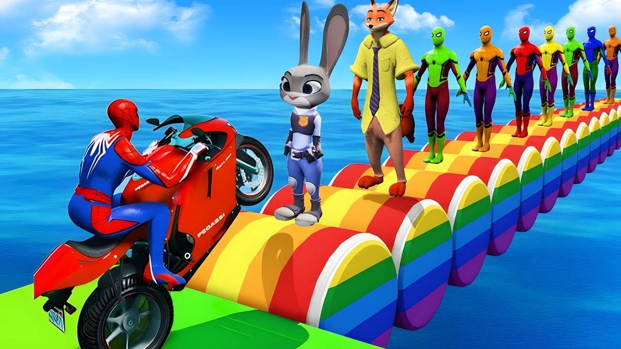 SPIDER-MAN against JUDY Zootopia Ride on Motorcycle STUNT FUNNY MOMENTS | Rockstar game GTA 5