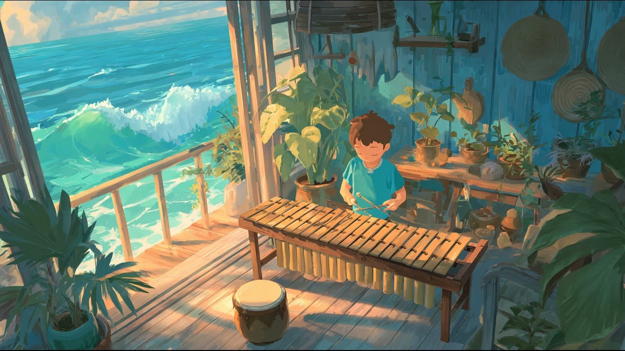 🌊 Calm Lofi Marimba Vibes with Distant Ocean Waves 🌴