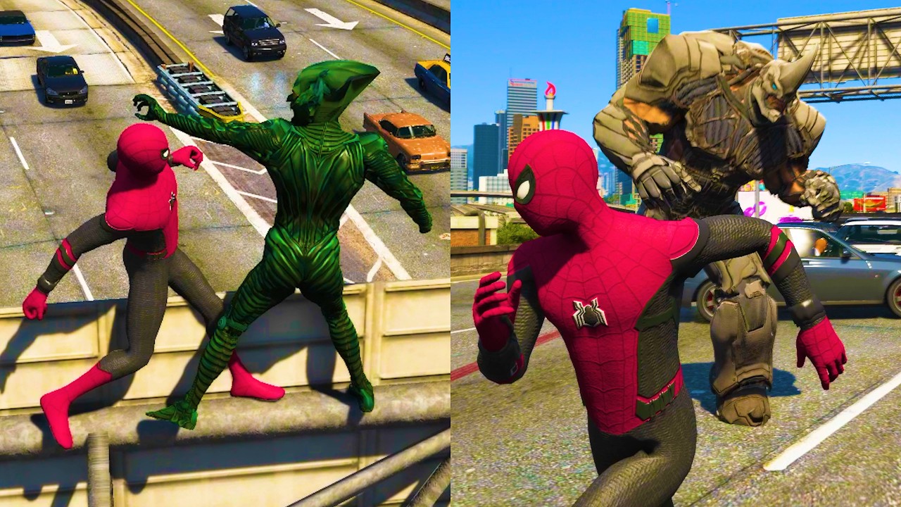 GTA 5 Ultimate Graphics Mod Spiderman VS Green Goblin & Rhino Fight 3