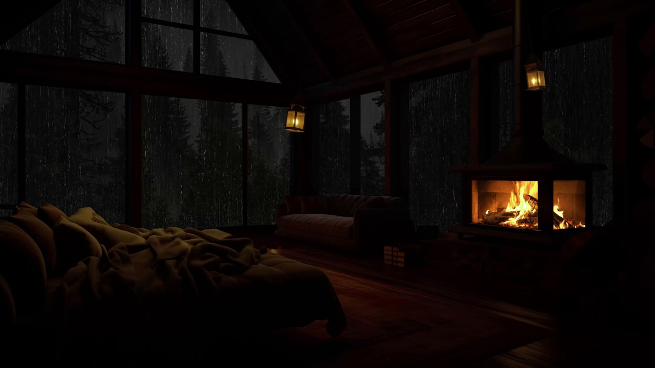 Attico accogliente illuminato dal caminetto con pioggia tropicale per dormire e rilassarsi 🌧️🔥