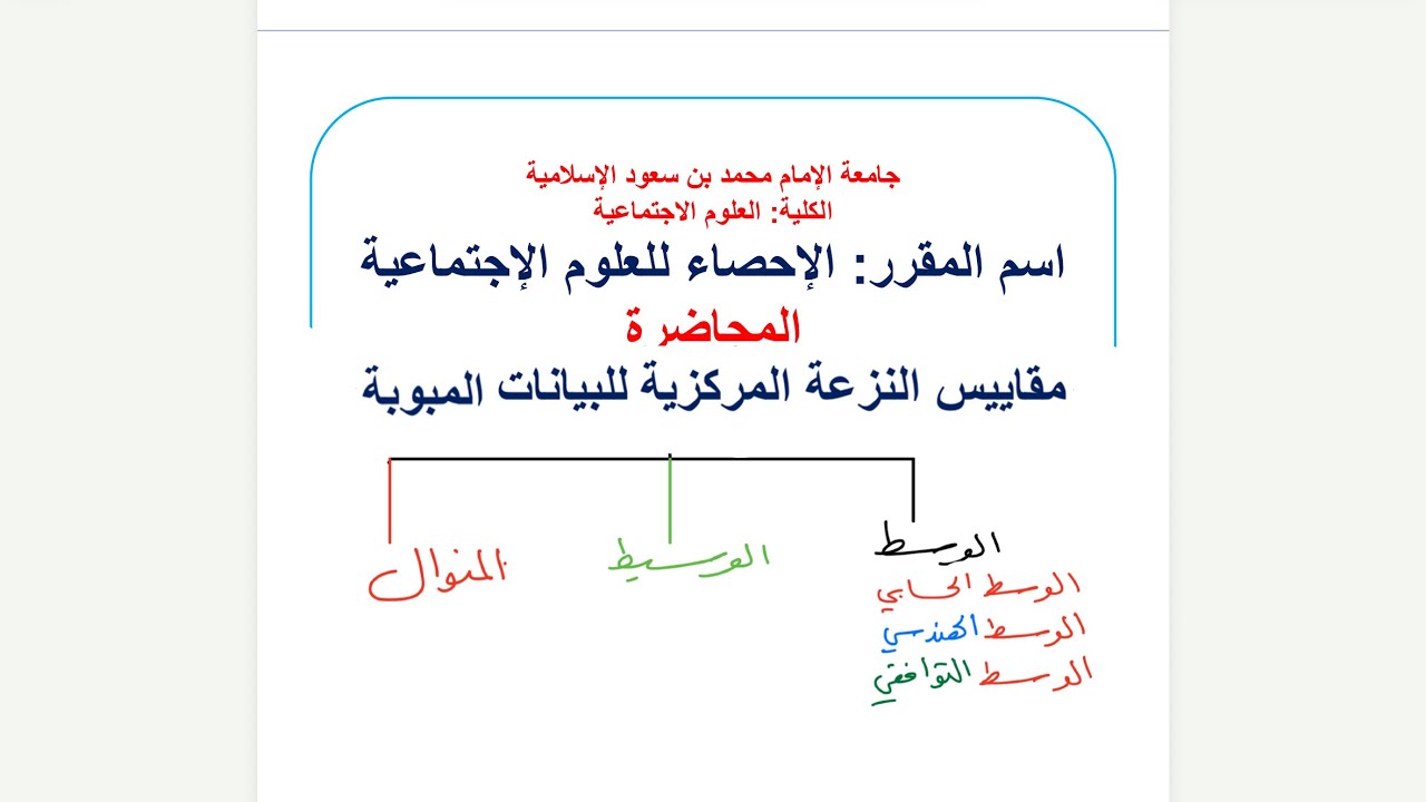 مقاييس النزعة المركزية للبيانات المبوبة الوسط الحسابي والهندسي والتوافقي والوسيط والمنوال