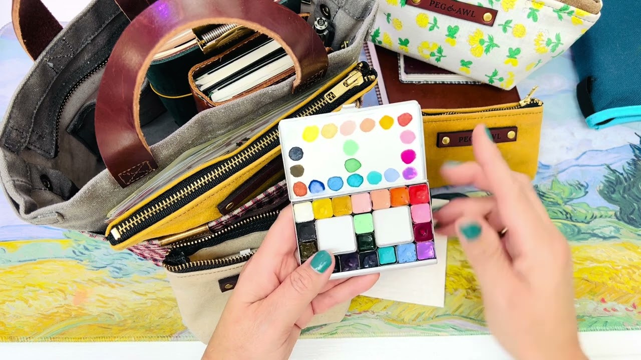 Peg & Awl Mini tote set up for traveling with my art supplies and journals.