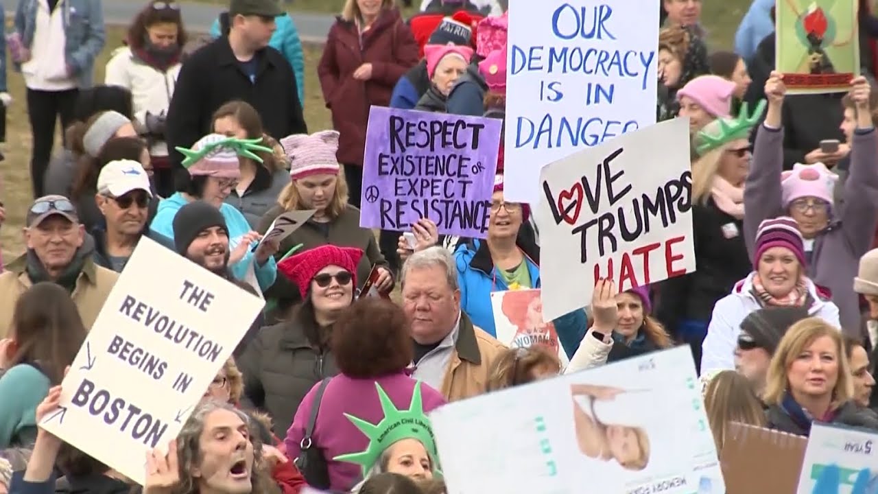 Hundreds of people march on Boston Common during 2025 People's March