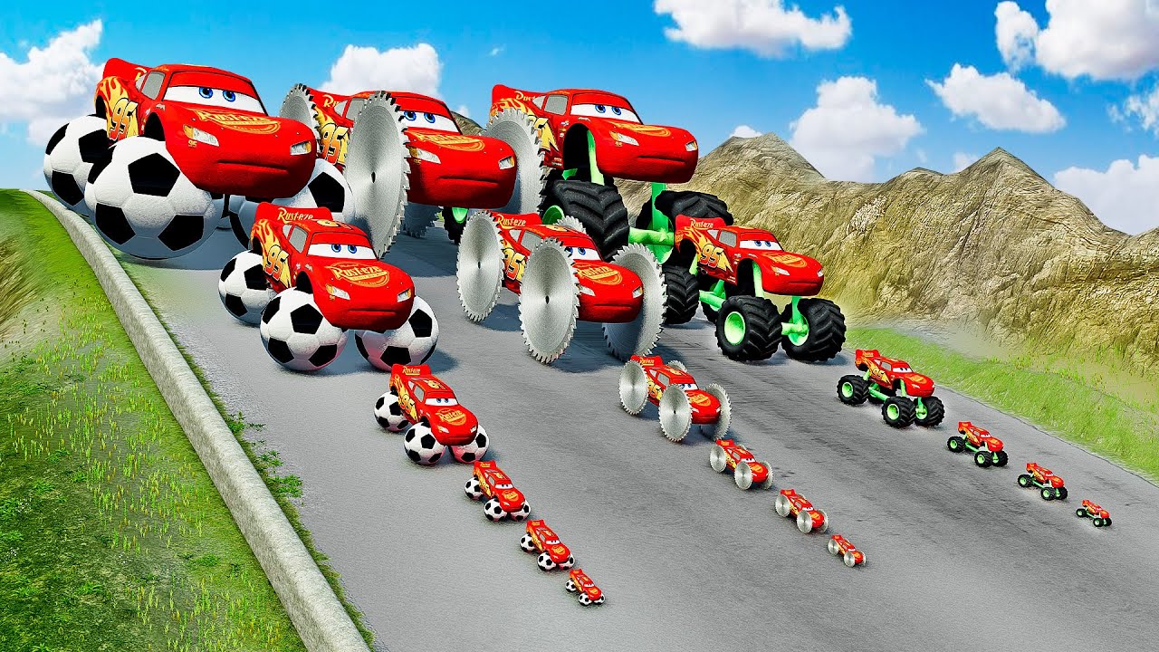 Big & Small Mcqueen with Monster Truck vs Soccer Wheels vs Monster SAW Wheels DOWN OF DEATH