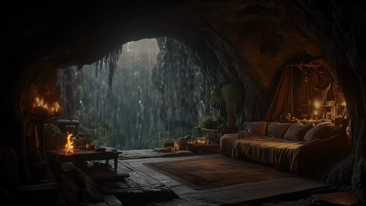 Cozy Cave Room in the Forest with Heavy Rain and Strong Thunder for Deep Sleep and Relaxation