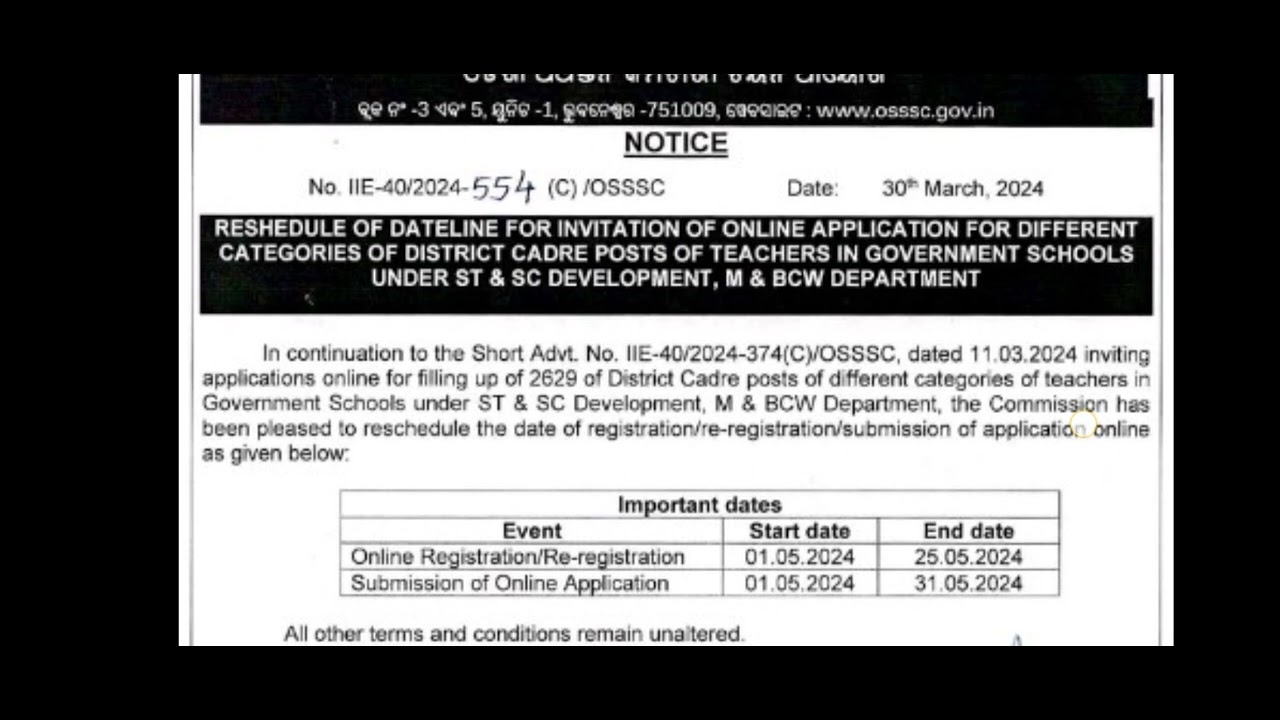 online registration date for teachers post under sc& st department government odisha