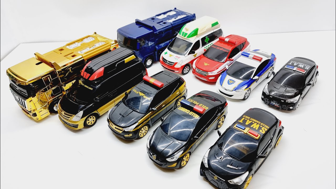 헬로카봇 황금특공대 펜타스톰 vs 펜타스톰 경찰차 구급차 소방차 특수기동대차 트럭 자동차 로보트 5단 합체 비교 영상 HELLO CARBOT PENTA STORM