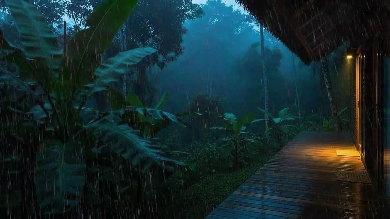 Quick Sleep with Gentle Rain and Rolling Thunder Murmur at Forest Cabin Terrace 🌧️