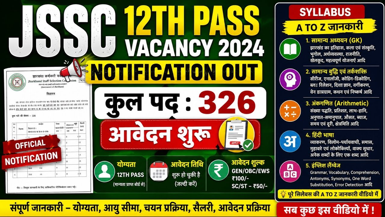 JSSC 12th Pass Vacancy 2026 Notification Out 326 Seats Syllabus कौन कौन आवेदन कर सकता है 🤔 