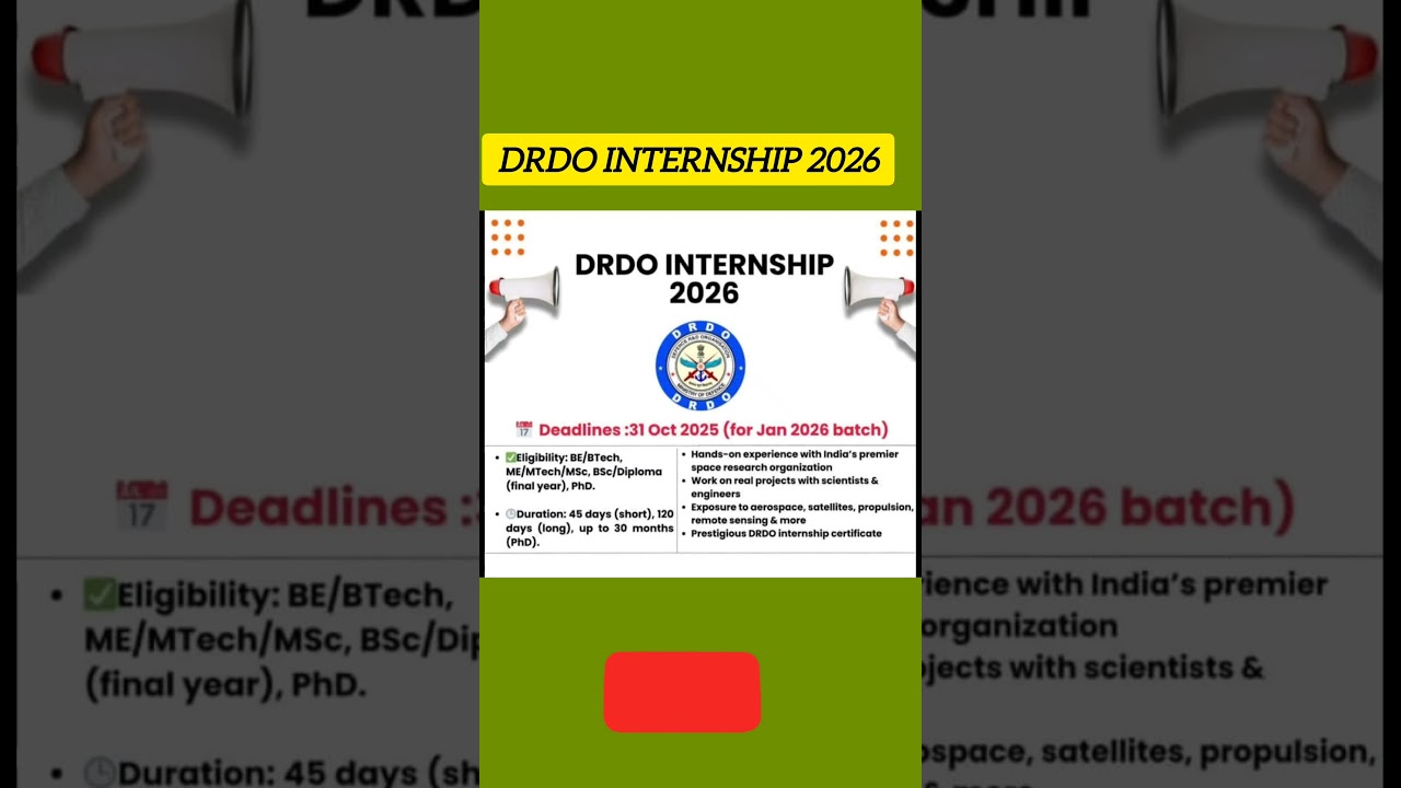 DRDO INTERNSHIP 2026 APPLY TILL 31 OCTOBER 2025