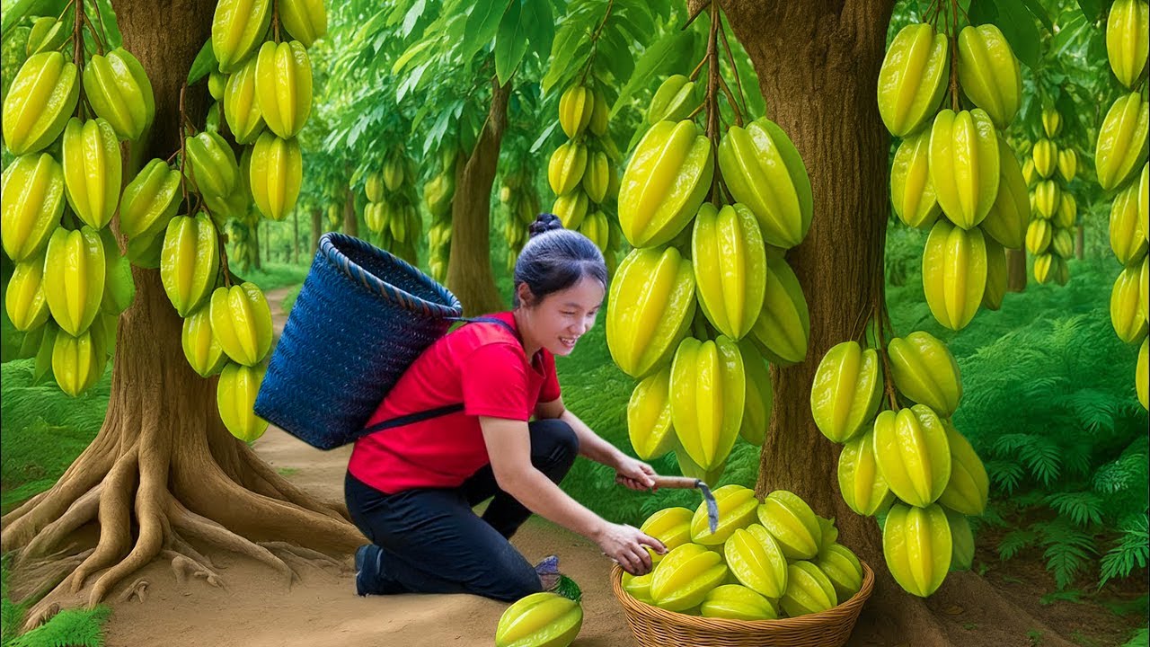 Harvest A Lot Of Sour Star Fruit on Tall Tree Goes to Market Sell, Family dishes with star fruit