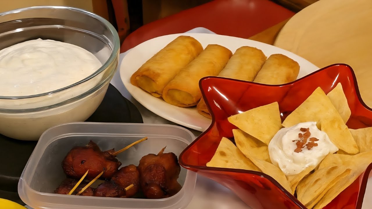 Bacon Wrapped bbq Smokies, Crockpot Cheese Ball Dip, and Spinach dip