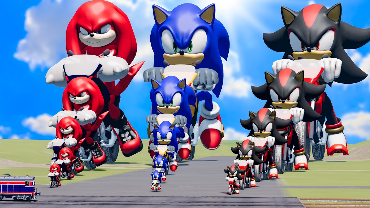 Big & Small: Sonic on a motorcycle vs Shadow on a motorcycle vs Knuckles on a motorcycle vs Trains