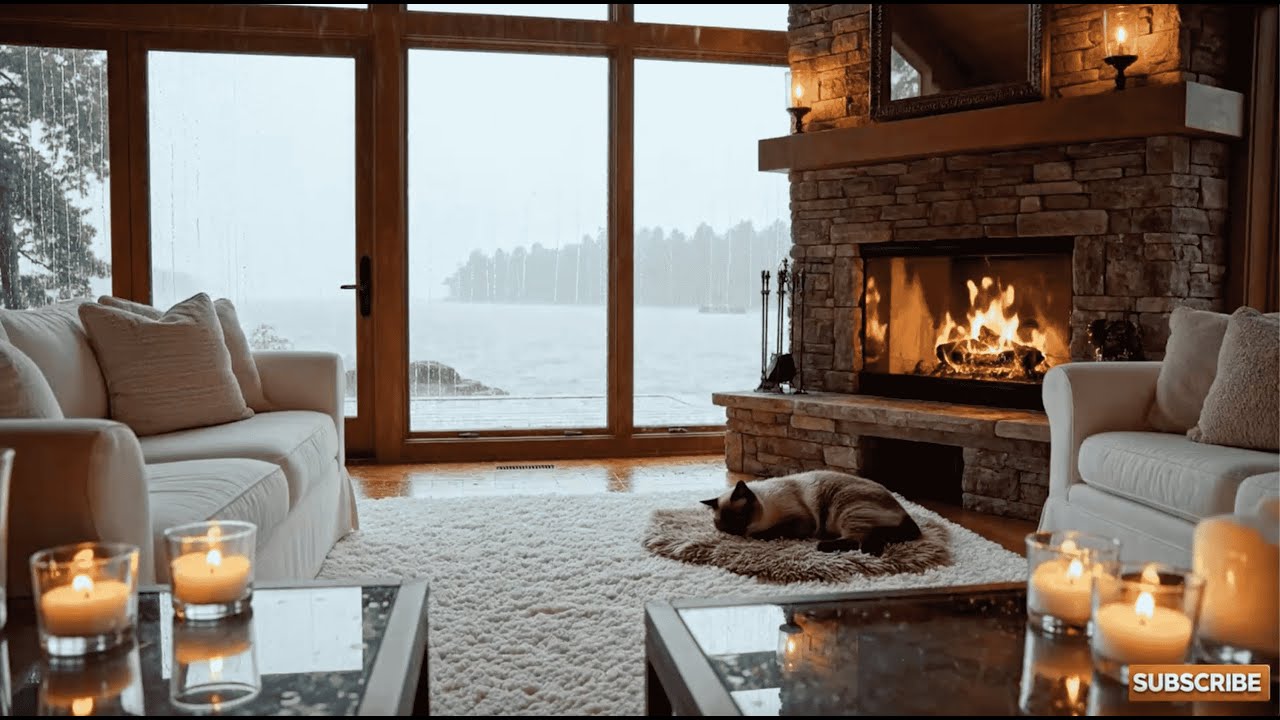Cozy Lake House Ambience | Heavy Rain & Fireplace | 2Hz Delta Waves