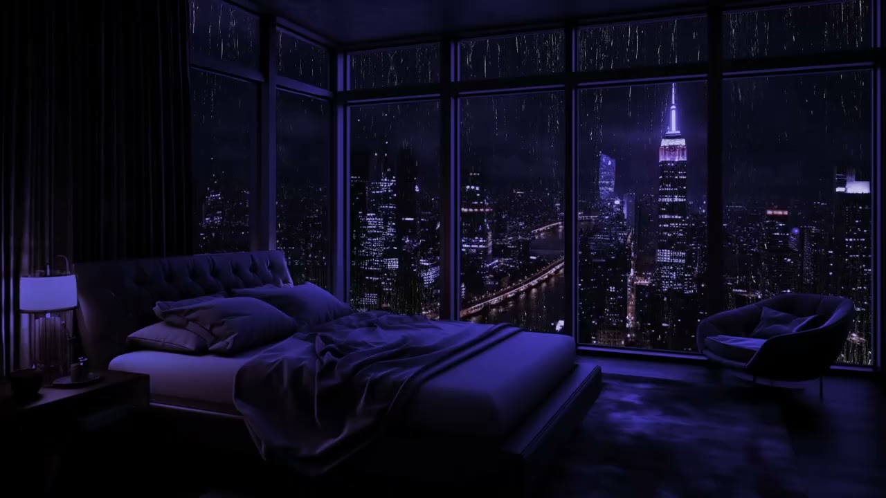 Sonidos de lluvia curativos 🌧️ Habitación acogedora y luces de la ciudad para un sueño profundo
