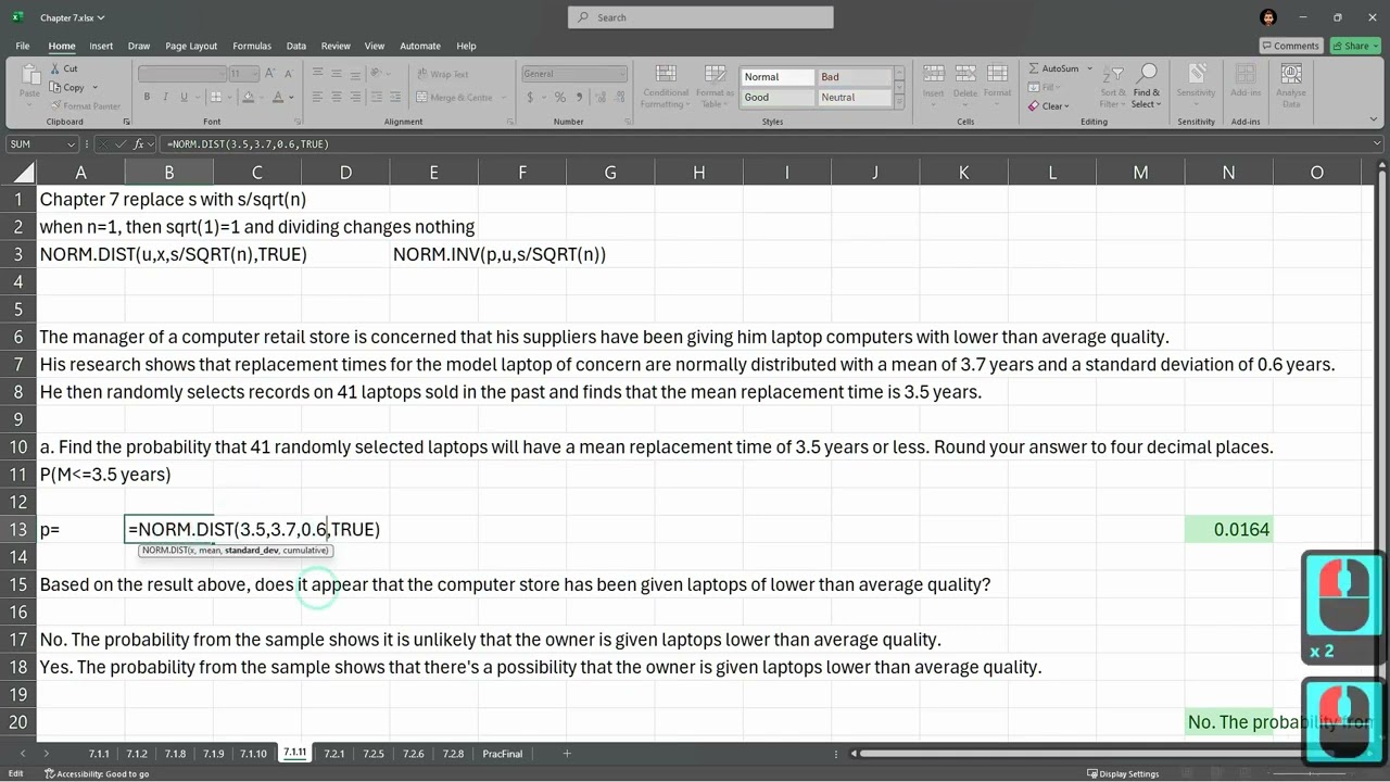 Stats 243 = HW Help 7.1.11 = Normal Distribution - Cumulative In Excel