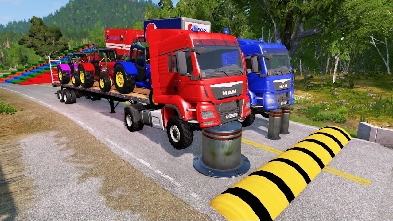 Double Flatbed Trailer Truck vs Speedbumps Train vs Cars Beamng.Drive#70