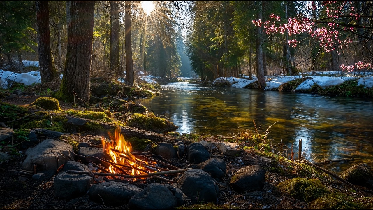 Spring Campfire Ambience 🌸🔥 Cozy Fire Sounds by the River with Soft Piano for Total Relaxation