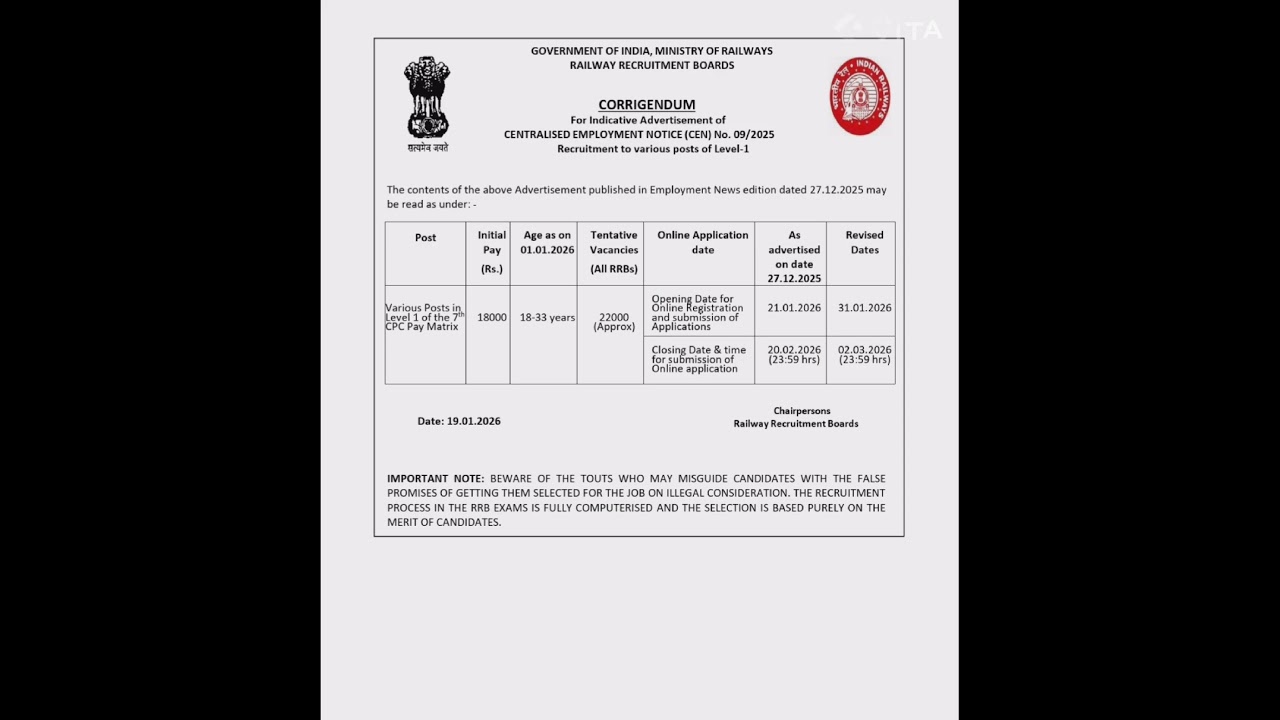 RRB Group-D form fill up date revised   