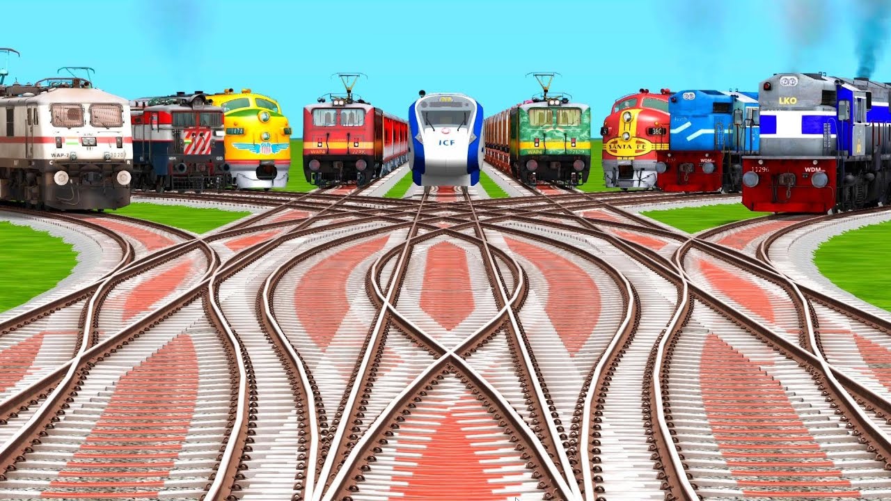 Nine🎌 Realistic Trains Crossing On Diamond Railroad Tracks | indian railways | train simulator game