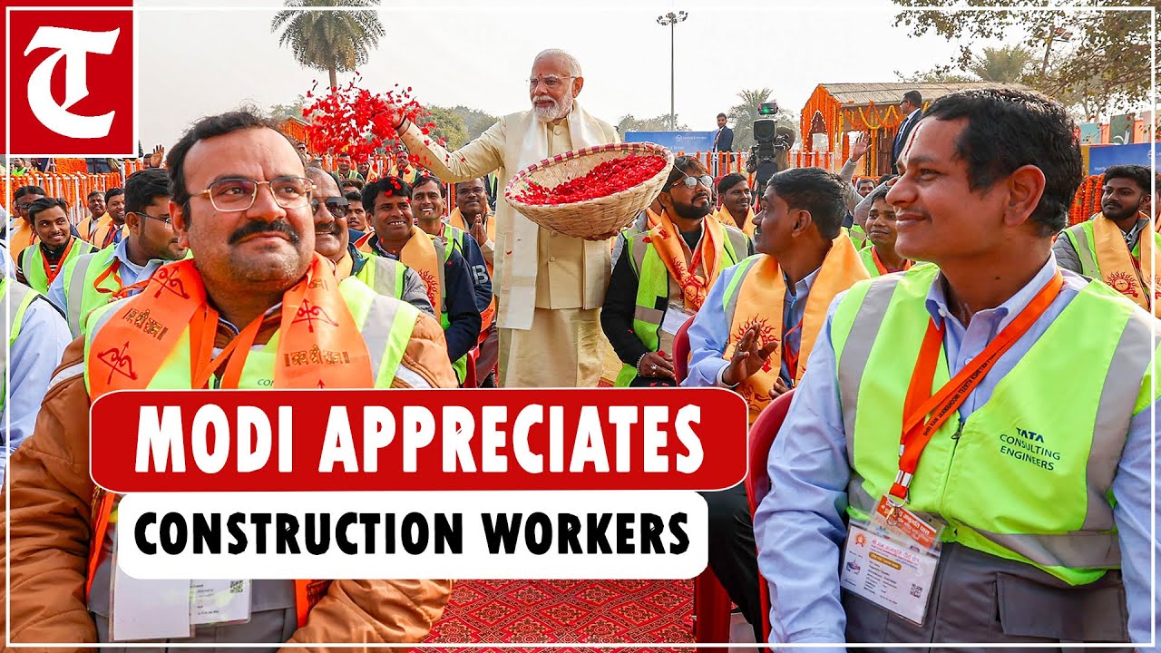 PM Modi showers flower petals on construction workers of Ram Temple