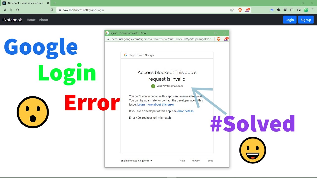 Access blocked: This app's request is invalid. || Google login error redirect_uri_mismatch || #react