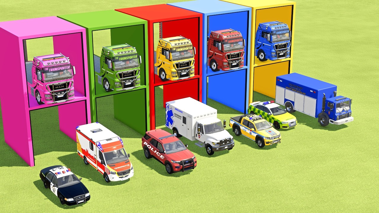 FORD RAPTOR, BMW, POLICE CARS & MERCEDES FIRE TRUCK, FORD AMBULANCE EMERGENCY TRANSPORT ! FS22