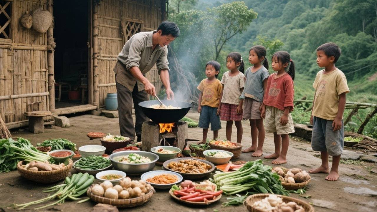 【一家七口隐居深山】爸爸买排骨回来给媳妇和孩子炖骨头汤，孩子们吃的真开心！#农村生活#隐居
