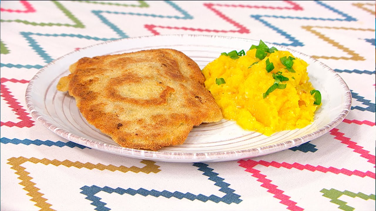 Milanesas rellenas y Puré de calabaza y ajos asados