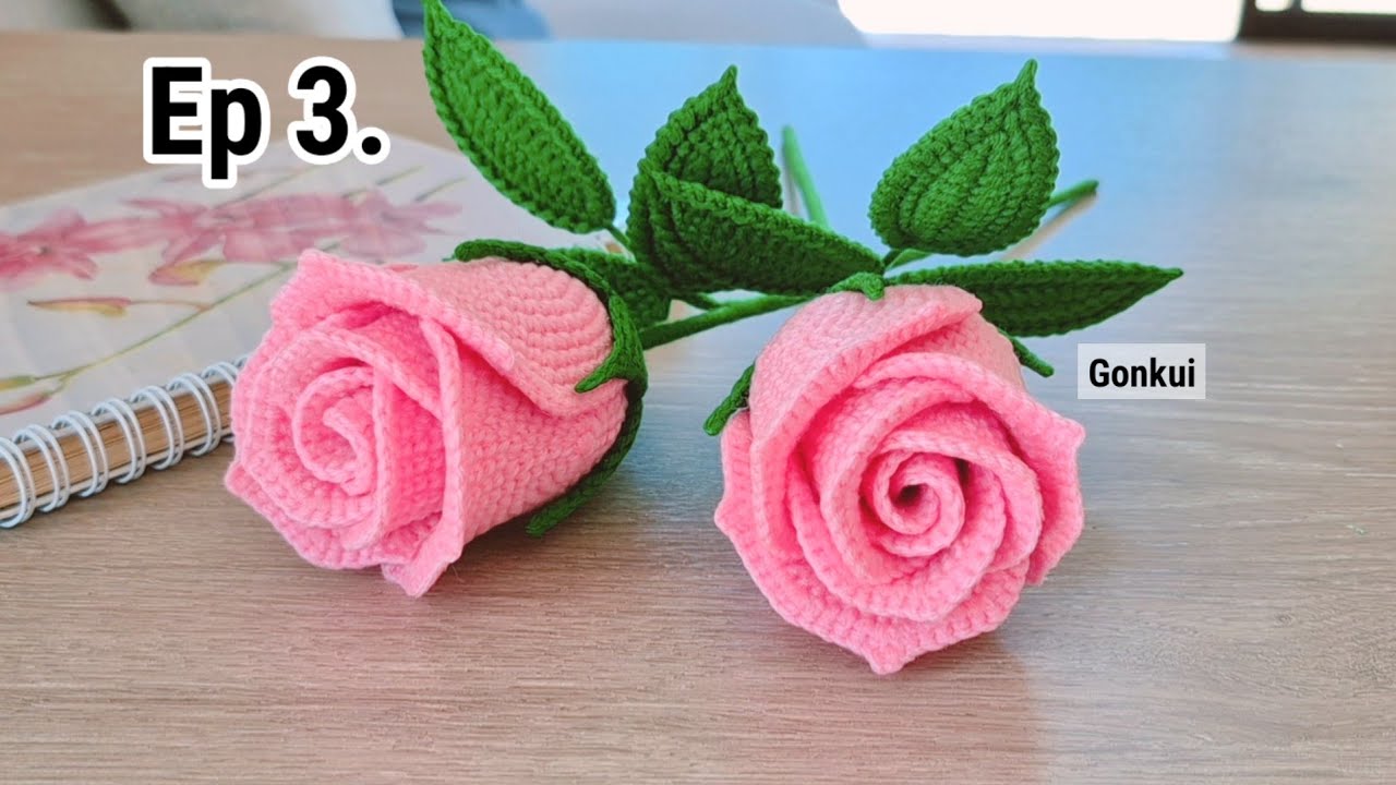 Ep3. Leaves 🌿🌹Crochet Rose Pink Flower Tutorial step by step | Crochet Flower Bouquet 