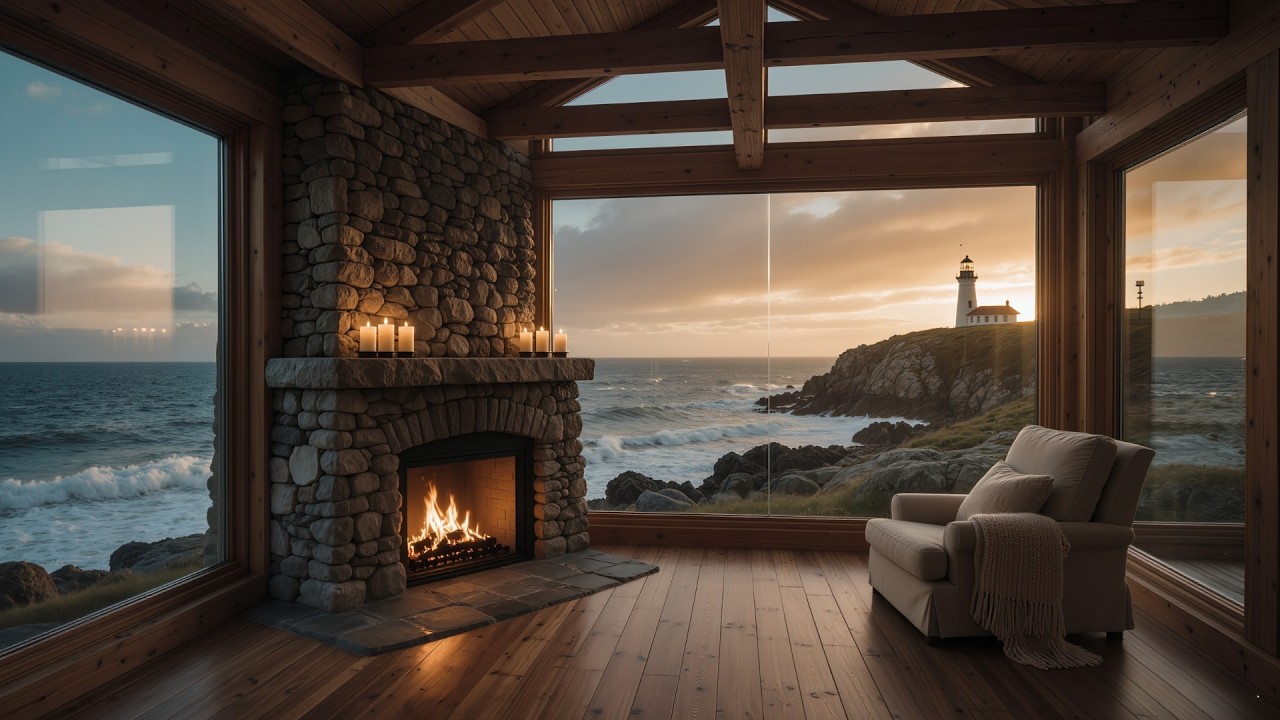 Cozy Fireplace & Ocean Waves 🔥🌊 Stone Cabin by the Sea for Deep Sleep