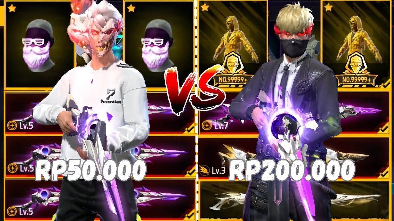 REVIEW AKUN FF HARGA 50.000 VS 200.000!! ADA SET LANGKA + JENGGOT BNL🥶🔥