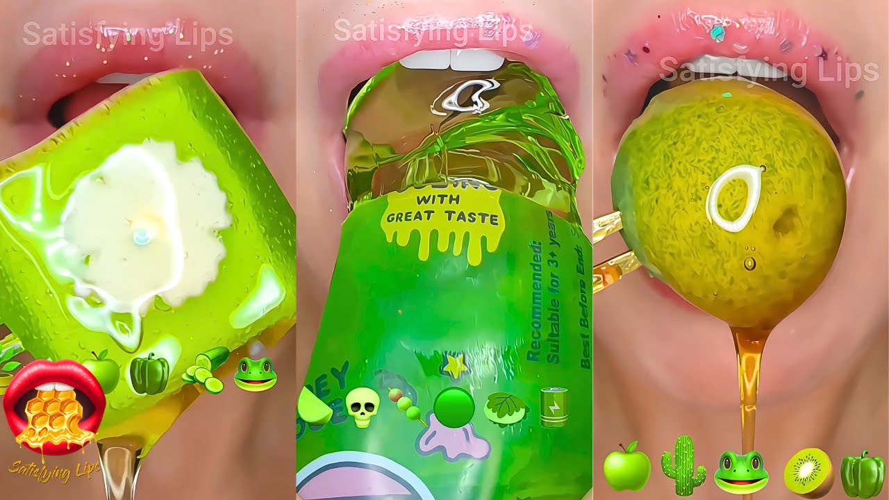 Satisfying ASMR Eating Green Food Emoji Challenge 🍏🐸🔋💚