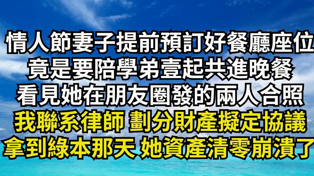 【清風與你】情人節妻子提前預訂好餐廳座位，竟是要陪學弟壹起共進晚餐，看見她在朋友圈發的兩人合照，我當場聯繫律師劃分財產擬定協議，拿到綠本那天 她資產清零崩潰了#激情故事#大彬情感#夢雅故事#小說#爽文