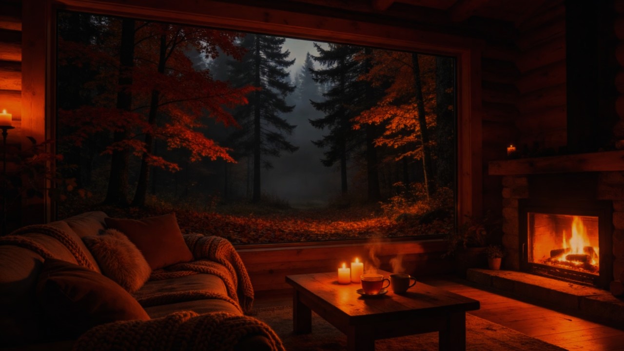 Autumn Fireplace Night Ambience 🍂 Cozy Cabin Window with Forest Sounds for Deep Sleep & Relax