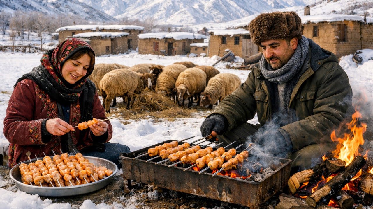 A simple day of rural life, cooking kebab on a cold winter day🥶