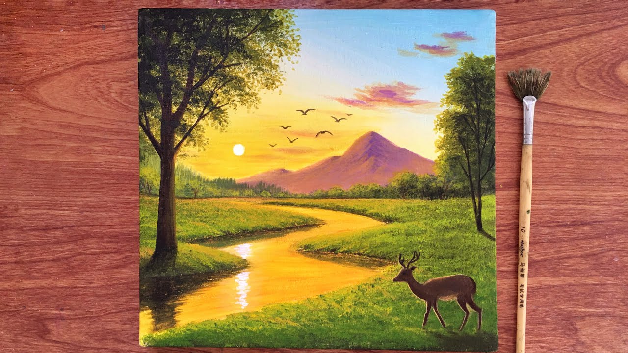 Sunset Riverside Landscape painting for beginners | Acrylic Painting Sunset | Canvas Painting