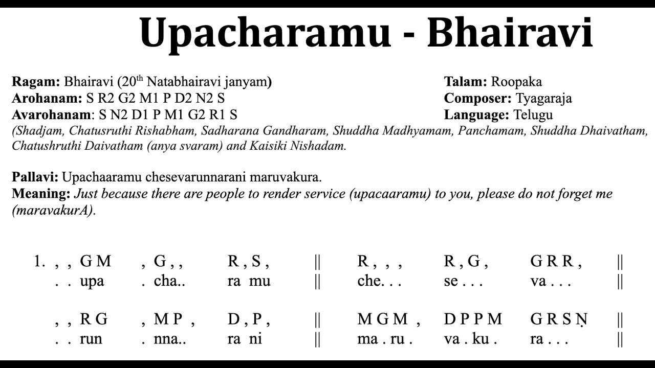 Upacharamu - Bhairavi - Thyagaraja krithi with lyrics and notation