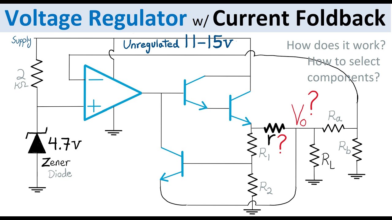Current Foldback Voltage Regulator Circuit Design with Op Amp, Darlington BJT Transistors