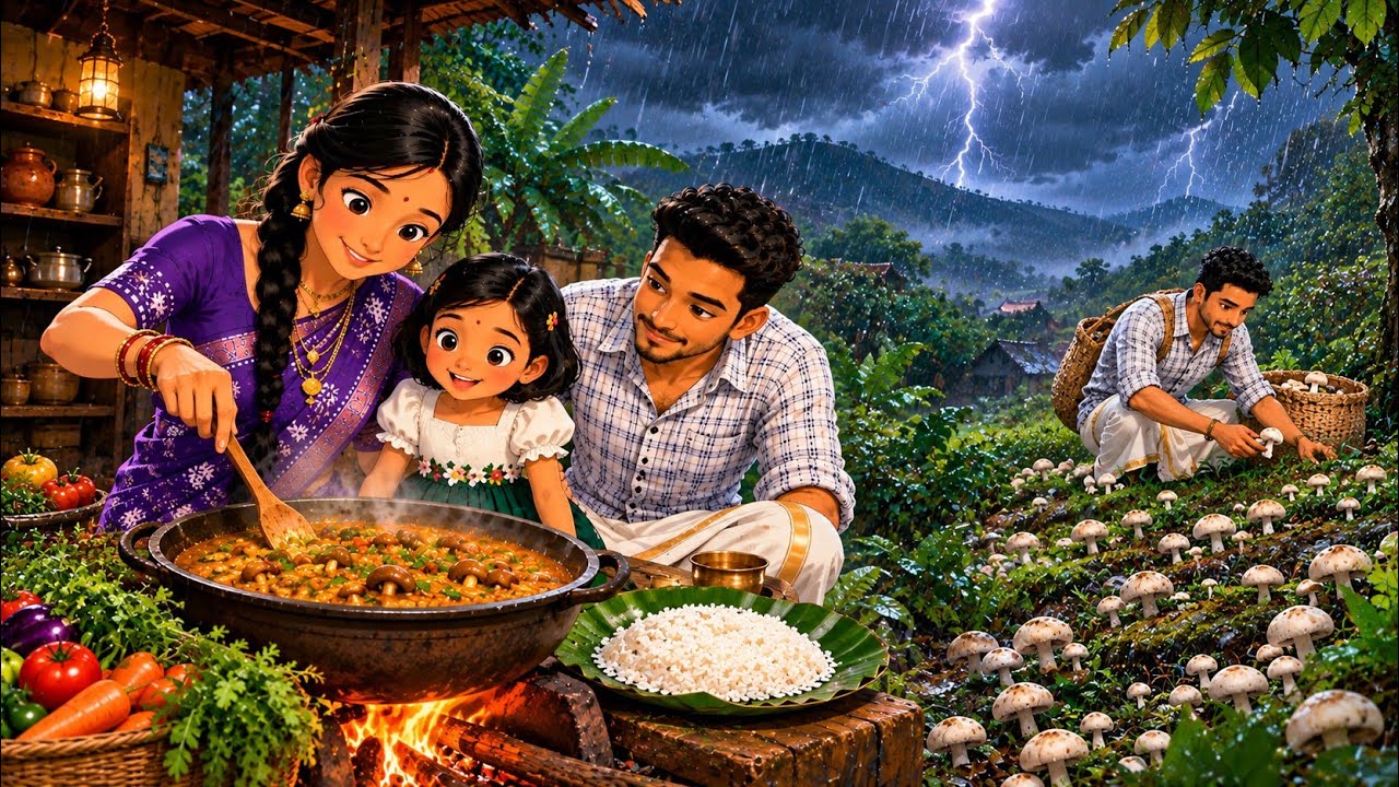 90s Indian Village Life In Monsoon ⛈️ | Traditional Mushroom Curry Cooking | AMSR Village Style 