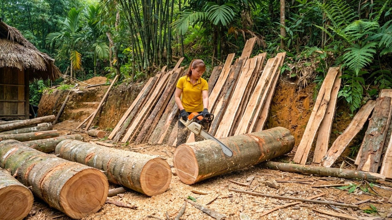 Building A Large Wooden House In The Forest, Wood Processing Techniques Using A Chainsaw