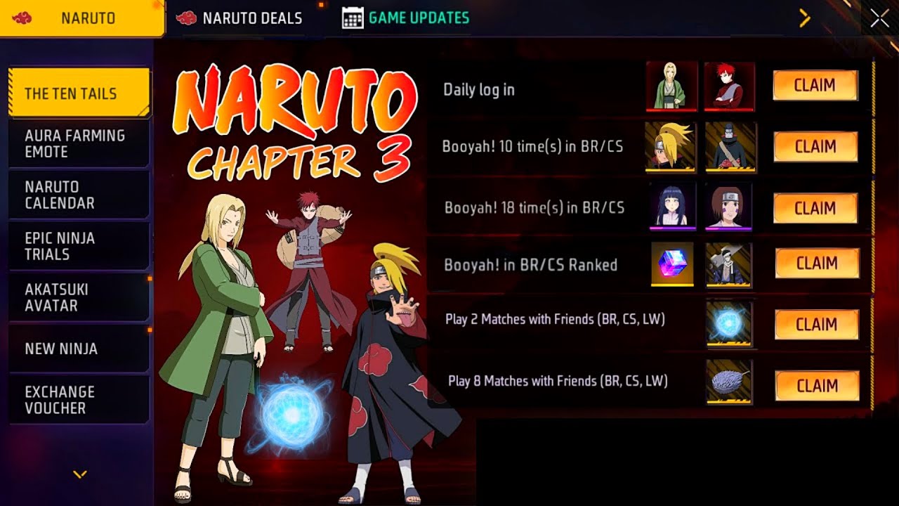 CLAIM ✔️ ALL REWARDS 🎁 NARUTO CHAPTER 3 😱 AMAZING SKINS 🔥 FREE FIRE