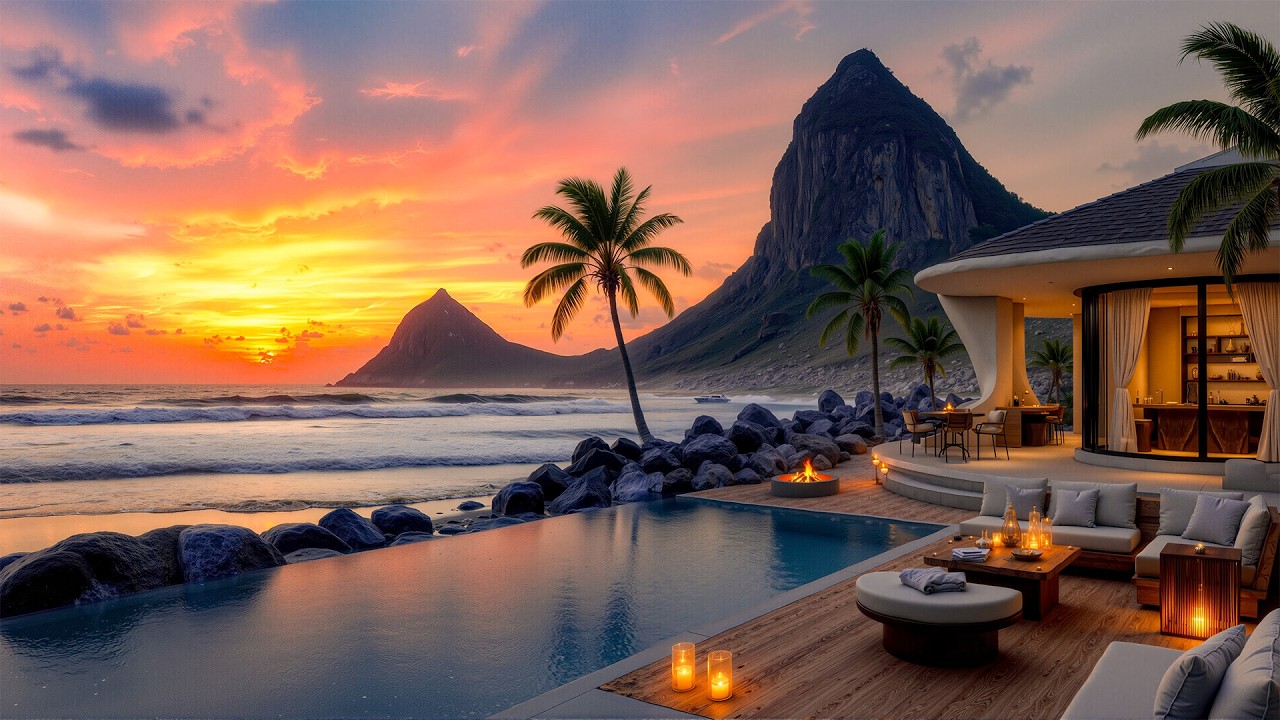 Luxury Balcony Overlooking The Sunset Over The Sea & Soothing Jazz Music – Gentle Jazz For Relaxing