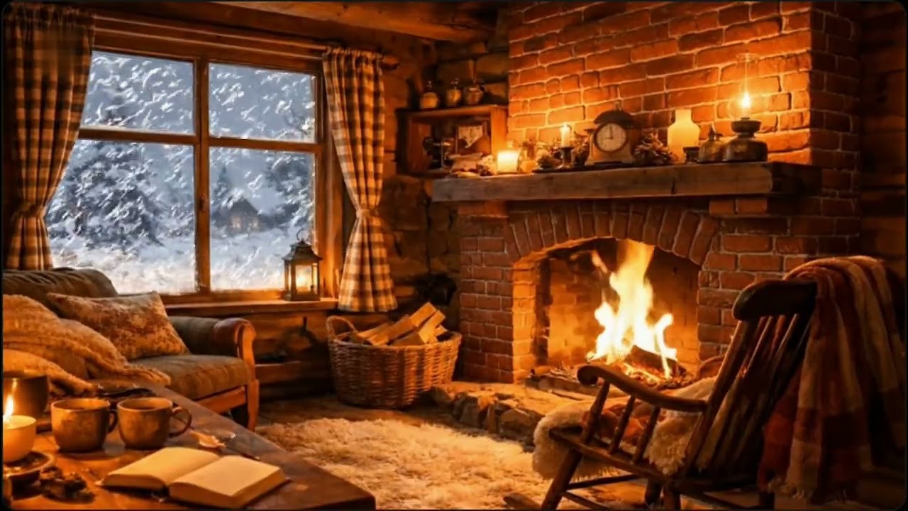 Cozy Fireplace with Wind Sounds | Winter Cabin Ambience | Relax • Sleep