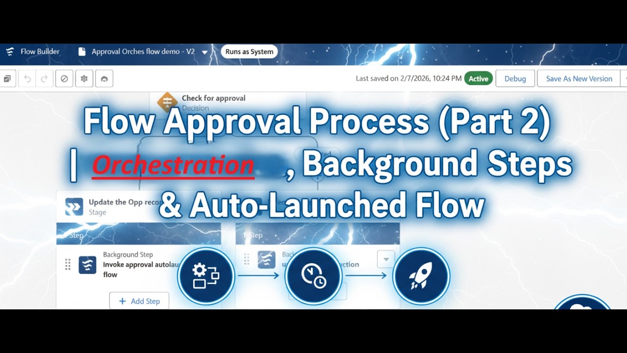 FLOW49: Flow Approval Process Part 2 || Orchestration, Background Steps & Auto Launched Flow || SFDC