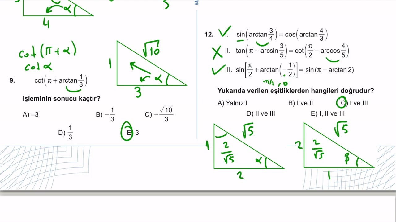 11. Sınıf Matematik Kazanım Kavrama Test 9 (Ters Trigonometrik Fonksiyonlar) Çözümler