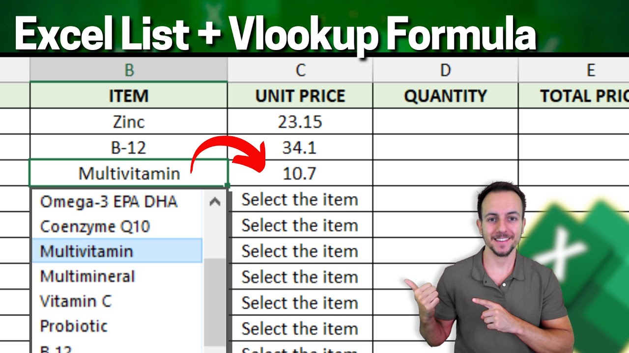 Return corresponding value from selected Item | List with Vlookup in Excel